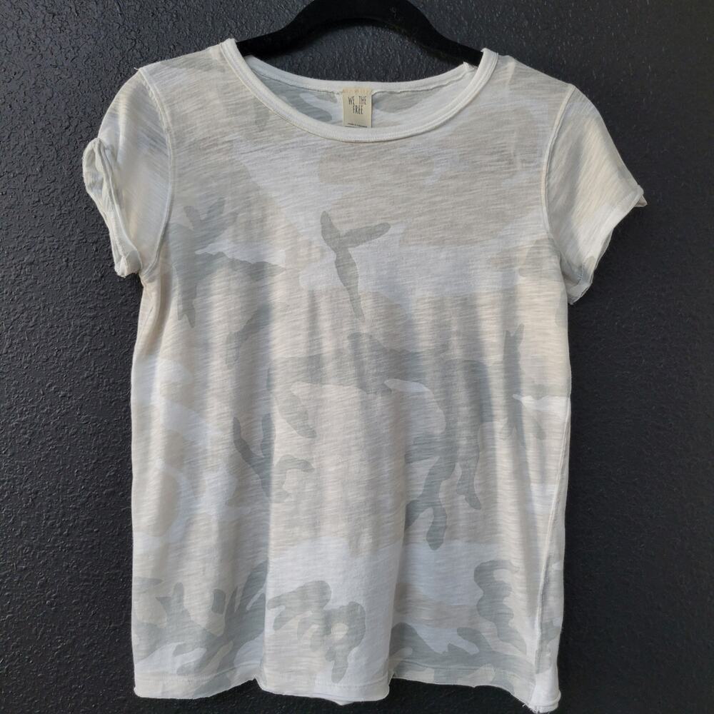 We The Free Free People White Camo Print Slub T Shirt Small Rolled Sleeve